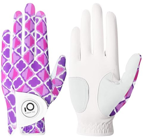 FINGER TEN Women's Golf Gloves - Left & Right Handed, Breathable, All Weather Soft Grip, Anti Slip, Purple, Medium