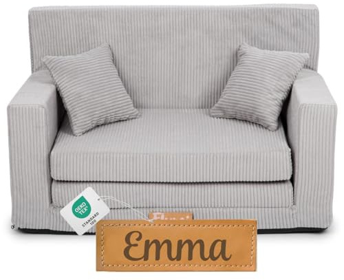 Flumi Personnalisé Canapé Enfant Convertible 3in1 Lit d Appoint Enfant - Mini Canapé avec nom de l'enfant - Mousse Chauffeuse Enfant avec Fonction Lit - Farbe: (côtelé Gris)