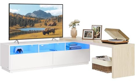 VASAGLE Kailyn Collection - TV-Lowboard, verstellbare Länge 162-270 cm, Fernsehschrank in L-Form, 2 Schubladen, 3 offene Fächer, LED-Beleuchtung, Steckdosenleiste, wolkenweiß-naturbeige LTV126W02