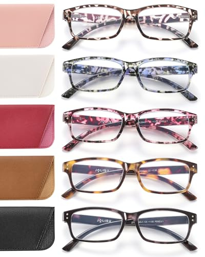 JOLISU Gafas de lectura para mujer y hombre - Pack de 5 gafas de lectura de moda para mujer con protección contra la luz azul y bisagra con resorte（3.00）