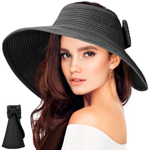 BellaGesundheit Sombrero de Sol para Mujer, Sombrero de Paja Plegable con ala Ancha, protección UV UPF 50+, Sombrero de Verano para Playa y Actividades al Aire Libre (Negro)