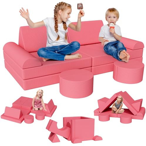 Clevich Divano Modulare Per Bambini, 15 Pezzi Divani Trasformabile, Divano da Gioco per Bambini, Mobili Creativi per Zona Notte e Sala Giochi, Velluto a Coste (Rosa)