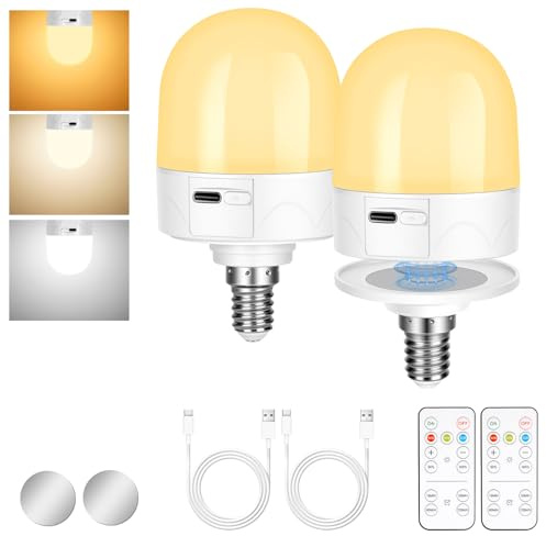 AUAUY E14 Ampoule Rechargeable avec Télécommande, 3 couleurs à intensité variable, Alimentée par Batterie, 3W, avec Base Magnétique Amovible, pour Chambre à Coucher, Camping, Lot de 2