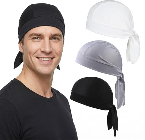 MYZWEL 3 Pezzi Bandana Uomo e Donna, Durag Pirata con Motivo, Sottocasco Moto e Bici Estivo Traspirante, Cappello Sportivo per Ciclismo, Corsa e Trekking, Nero, Grigio Chiaro e Bianco