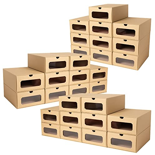 30 x PresentFill® Aufbewahrungsbox - Natur - Made in Germany - Schuhbox Schuhkiste Schuhschachtel Schuhkarton Ordnungsboxen durchsichtig transparent Sichfenster stapelbar aus Pappe