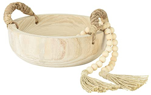 Paulownia Wood Bowl Rustic Wooden Dough Decorative Round Serving Key Bowl with Rope Handle and Wood Bead Garland for Christmas Tabletop Centerpiece Home Decor 9.5 inches