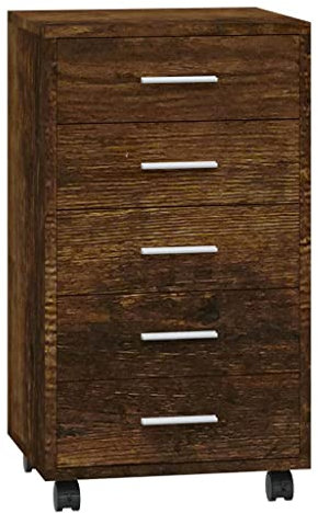vidaXL Schubladenschrank, Kommode mit 4 Rollen, Schrank Rollcontainer mit 5 Schubladen, Aktenschrank Büroschrank, Modern, Räuchereiche Holzwerkstoff