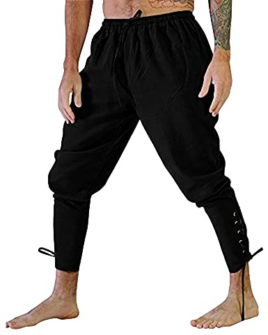 YAOHUOLE Pirate Pants for Men Linen Trousers Slim Fit Men's Renaissance Viking Costume Black S