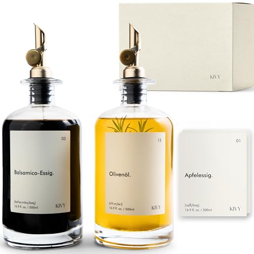 KIVY Essig und Ölflaschen Set [2x 500ml] + Wasserfeste Etiketten - Essig und Ölspender Glas - Ölflaschen zum Befüllen - Ölflasche mit Ausgießer für Ölflaschen - Olivenöl Flasche Gold
