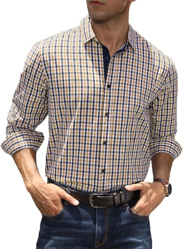Elegancity Chemise Homme Décontractée à Carreaux Manches Longues Chemise Homme 100% Cotton Classics Checked Regular Chemise Kaki, S