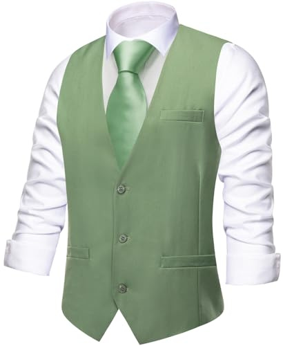 Hi-Tie Gilet de costume à carreaux uni et col en V pour homme, coupe ajustée, 3 poches, smoking formel, décontracté, pour mariage ou travail