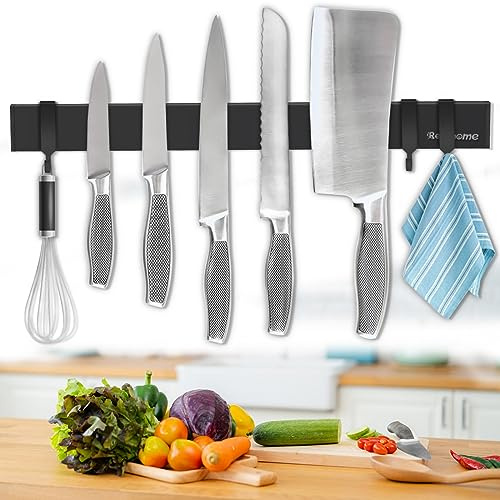 Rekehome Magnetic Knife Holder for Wall 17 Inch with 3 Hooks, No Drilling