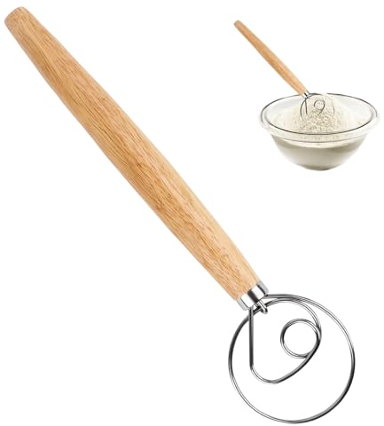 Wvu & Wvo Dänischer Teigmischer | Dänischer Teigschläger aus Edelstahl | Dänischer Teigmischer mit Holzgriff | Küchen-Brotteigmischer, Zum Backen von Kuchen, Brot, Gebäck, Pizza, etc.