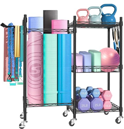 Swaitee Hantelständer, Multifunktionaler Hantelscheibenständer mit Haken und Rädern, 3 Tiers Yogamatten-Aufbewahrungsregal für Hanteln Kettlebells Foam Roller, Yoga Strap und Resistance Bands