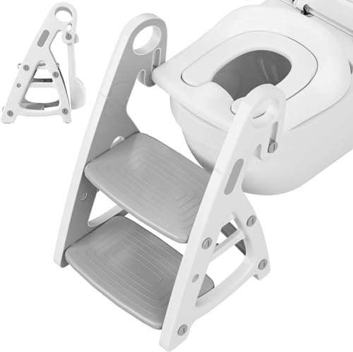 Baby-Toilettensitz 2 in 1 mit Treppe, Stabile Dreieckige Struktur, Kinder Tritthocker, Faltbar Töpfchentrainer mit verstellbarem Pedal und Sitzhöhe, mit großes Pedal und Griffe, PU-Futter, Grau