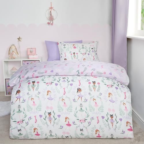 OHS Single Duvet Cover Set Kids Ballerina Print, Reversible Girls Bedding Single Kids Duvet Covers with Pillowcase Ultra Soft Comfy Bed Set, White/Purple