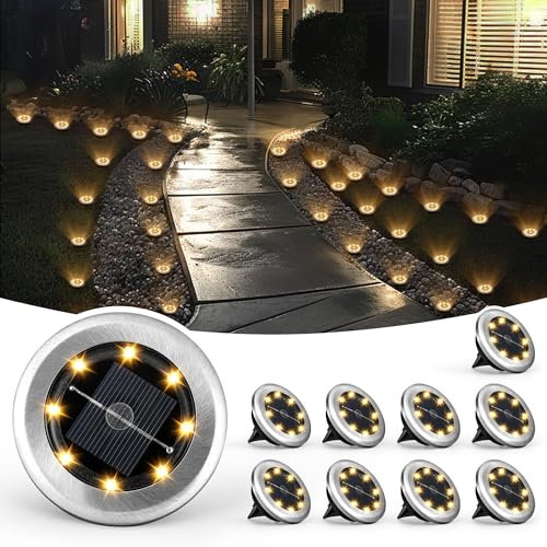 Solpex Klein Solar Bodenleuchten, Solarleuchte für Garten 8 LEDs 10 Stück, Warmweiß Gartenleuchten Edelstahl Wasserdicht für außen, Garten, Terrasse, Rasen, Hof, Gehweg
