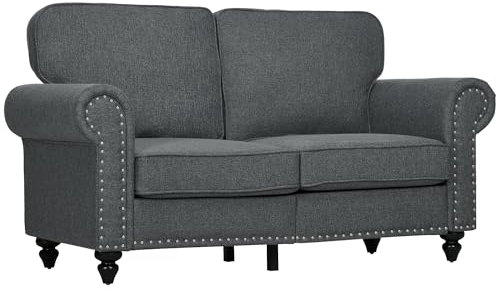 HOMCOM 2 Seater Sofa, Fabric Sofa Couch with Nailhead Trim Rolled Arm and Slatted Wood Frame, Upholstered Loveseat Settee for Living Room, Bedroom, Home Office, Charcoal Grey