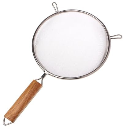Nobel 20 cm Diameter Stainless Steel Double Mesh Food Strainer Colander - Fine Sieve Sifter with Wooden Handle for Kitchen Cooking, Pasta, Rice, Noodles, and More