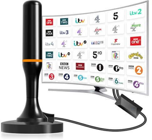Freeview Digital Indoor TV Aerial with Signal Booster, Portable Indoor Aerial for Smart TV Ariels, Inside HDTV Antenna with Magnetic Base - 4K 1080P HD Local Channels