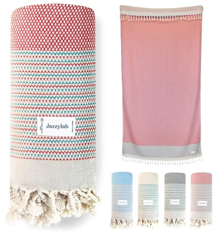jazzylab EBOARD Peshtemal Hammam Towel | 100% Cotton with Fine Check Stripe Pattern | Lightweight & Quick-Drying | Turkish Travel, Spa & Beach Towel | Soft, Compact & Versatile | Red, 90x180 cm