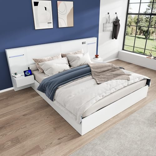 Doppelbett Bettanlage 180x200cm, Holzbett Funktionsbett mit 2X Nachttischen & USB-Anschluss & Bluetooth-Lautsprecher & Digitaluhr & LED Farblichtleiste, Schlafzimmer Komplett-Set, Ohne Matratze, Weiß