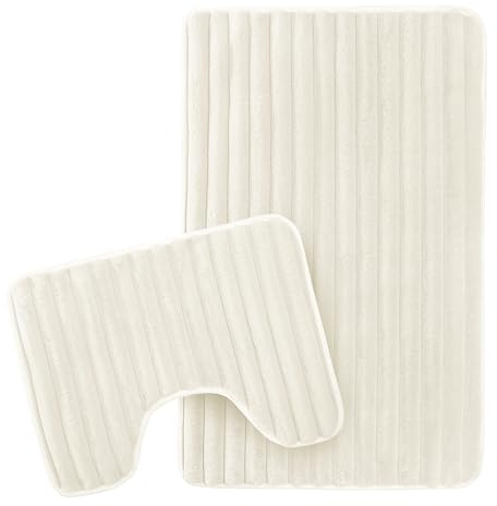 Olivia Rocco 2 Piece Ribbed Bath Mat Set Extra Soft Easy Care Plush Bath Rug + Toilet Mats Super Absorbent Non Slip Bathmat for Bathroom Toilet Shower, Cream