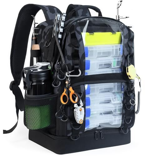 YOLIBON Fishing Tackle Backpack with Cooler,45L Large Tackle Bag with 2 Rod Holders & Clear Window,Outdoor Fishing Backpack for Fishing,Camping, Hiking,Camouflage