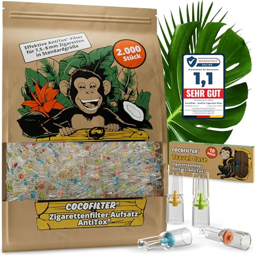 CocoFilter AntiTox filtermunstycken [2 000 stycken] - återanvändbara anti-tjärfilter för cigaretter 7,5–8 mm – 2 000 munstycken, bärväska ingår