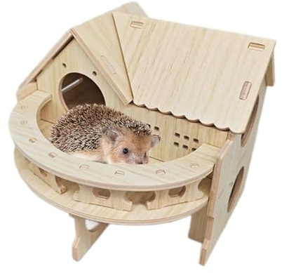 Ysislybin Igelhaus, 35 x 27 x 27 cm Hölzerne Igelhaus mit Terrasse, Große Abnehmbar Igel Haus mit Mehrere Runden EIN- und Ausgänge für Igel oder Meerschweinchen zum Unterschlupf und Winterschlaf