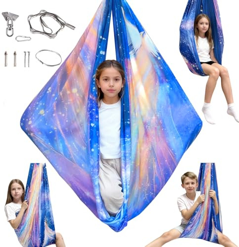 Sensory Swing for Kids & Adults with 360° Swivel Hanger Kit, Double Layer Elastic Therapy Swing Holds up to 300lbs for Autism, ADHD,Aspergers, and SPD (Blue Bird)