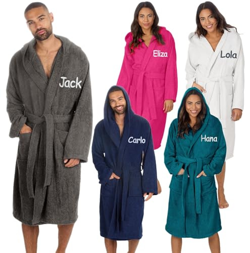 Personalised Adult Hooded Towelling Bath Robe 100% Cotton Luxury Bathrobe Absorbent Towel Robe for Men & Women Custom Gift Dressing Gown for Spa, Bathroom, Swim, Gym