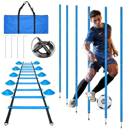 VIHBRAI Slalom - Set di accessori per allenamento da calcio, con 6 poli, scala di coordinazione 6 m, 12 cappelli, corda per saltare e paracadute, per allenamento di coordinazione
