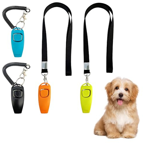 4 pezzi 2 in 1 Clicker e fischietto per cani, per addestramento, con cordino, clicker per cani per treno con treno cuccioli e animali domestici, strumento efficace per l'obbedienza dei cani