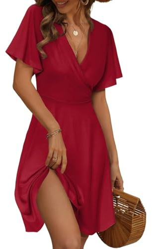 LIAMERHE Robe Été Femme Courte à Col en V - Robe Portefeuille Imprimé Floral Manches Courtes/sans Manches Robe Bohème Chic et Élégante pour Mariage Invitée Vacances Plage Bordeaux XL