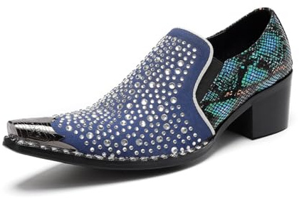 Yhsdfcn Exklusiva Blå Herrskor med Strass - Klackhöjande (+4cm) - Färgglatt Ormskinnsmönster & Metalltå - Bröllop och Scenframträdande