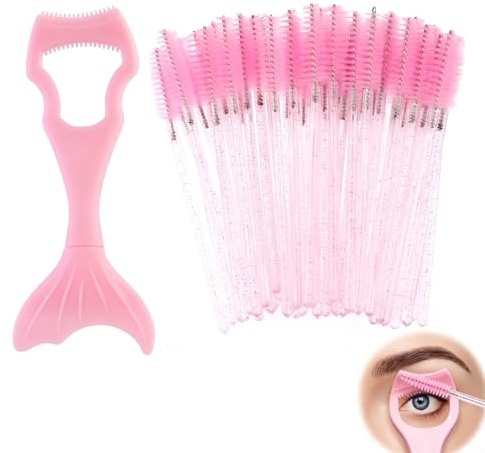 Applicatore Mascara per Non Sporcarsi in Silicone, Stencil Eyeliner Occhi con 50 Scovolini Ciglia Monouso, Strumento per Mettere Mascara e Trucco Occhi per Donna, Rosa