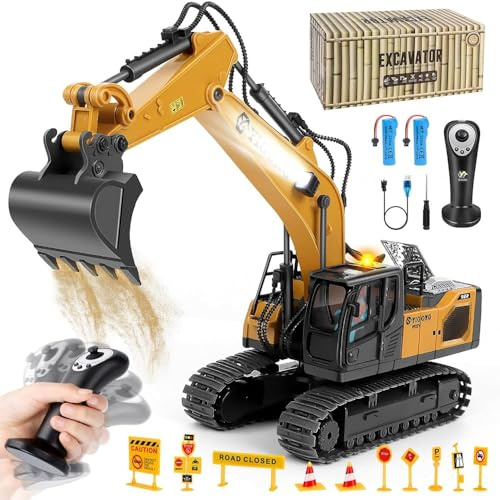 EFFILUMLUX Excavadora teledirigida de 2,4 GHz, juguete de excavadora RC controlada por gravedad, cargador de ruedas giratorio sin niveles con luces y música, regalo para niños y niños a partir de 4 a