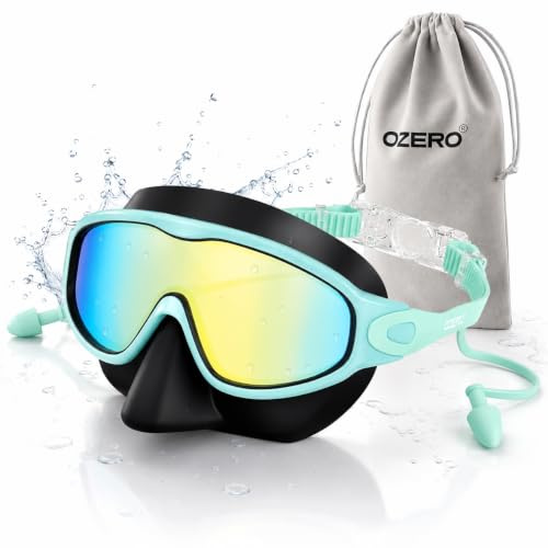 OZERO Kids Swimming Goggles: Nose Cover & Earplugs, Anti-Fog UV Protection | For kids ages 6-14, soft 3D seal, 180° wide-view lens, quick-adjust strap for swim lessons, pool and beach