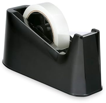 G4GADGET Heavy Duty Tape Dispenser – Weighted Non-Skid Base - High-Quality, Sharp Cutting Blade – One-Hand Use – Black – Includes 1 Clear Tape Roll & 1 Extra Spindle