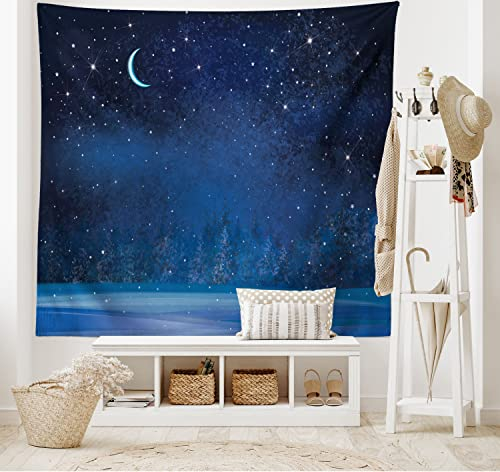 ABAKUHAUS Luna Tapiz de Pared y Cubrecama Suave, Invierno Místico Lugar Mágico Cielo Estrellado Noche Oscura Paisaje Bosque Encantado, No se Desliza de la Cama, 230 x 140 cm, Azul Oscuro