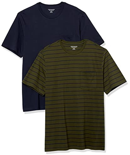 Amazon Essentials Camiseta con Bolsillo de Cuello a la Caja y Manga Corta Hombre, Pack de 2, Azul Marino/Verde Oliva Rayas, XL