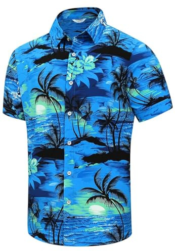 SheLucki Camicia Hawaiana per Uomo, Unisex Estate Spiaggia Casual Manica Corta abbottonata Camicia, Abbigliamento palmshadow Stampato, Palma Blu, XL