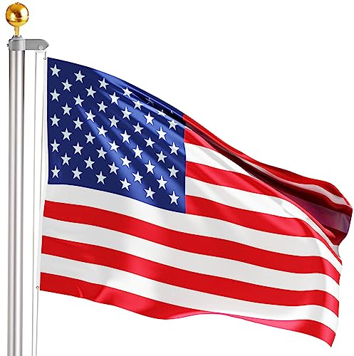 BRUBAKER Mât de Drapeau avec Drapeau des Etats-Unis et Pointe de Boule Or - Mât de 6 m en Aluminium avec Douille de Sol pour Le Jardin et Le Camping + Drapeau des Etats-Unis 150 x 90 cm