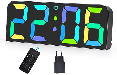 U-picks Wanduhr Digital Wecker Digital mit Adapter & Fernbedienung, Led Uhr Digital RGB Großes Zahlendisplay mit Einstellbare Helligkeit, DREI SäTze Wecker,Digitale Wanduhr Tischuhr für Home-Schwarz