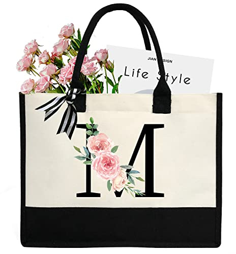 sundee Sac de plage personnalisé en toile, sac fourre-tout en toile avec poche intérieure zippée, sac fourre-tout monogrammé pour mariage, anniversaire, vacances, Lettre M noire, One Size