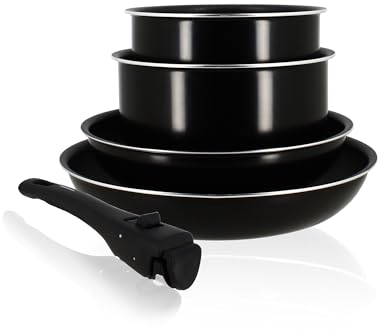 MENASTYL - Batterie de cuisine amovible 5 pièces Iris en aluminium noir antiadhésive - Compatible tous feux dont induction et lave-vaisselle - 2 casseroles + 2 poêles + 1 poignée amovible - 6020437