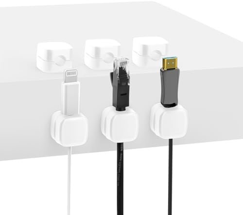 Clips para sujetacables, paquete de 6 soportes para cables con función de cierre magnético, organizador de cables adhesivo multiusos para organizar cables en escritorio (Blanco, paquete de 6)