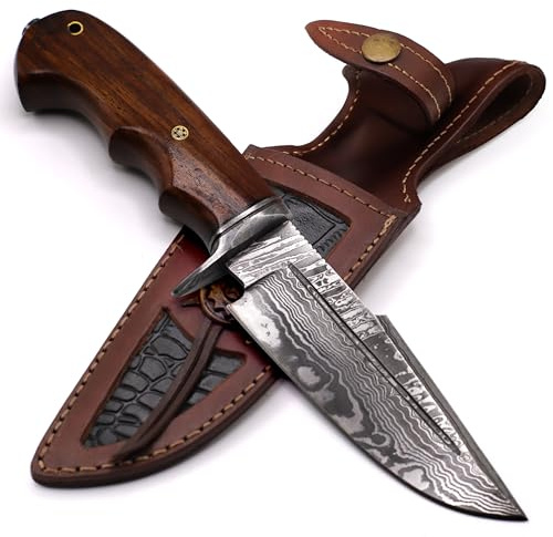 Messer Outdoor, Outdoor Messer, Halsmesser - Feststehende Klinge, 14 CM Damaststahl, Walnussholzgriff, Härte über 58 HRC, Lederscheide, Einfach zu schärfen, Schärfe bleibt erhalten, ca. 200 Lagen