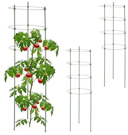 Relaxdays Tomatenturm 3er Set, Pflanzenturm 91 cm, Rankhilfe Metall, für Tomaten, Gurken, Rosen, runde Rosensäule, grün